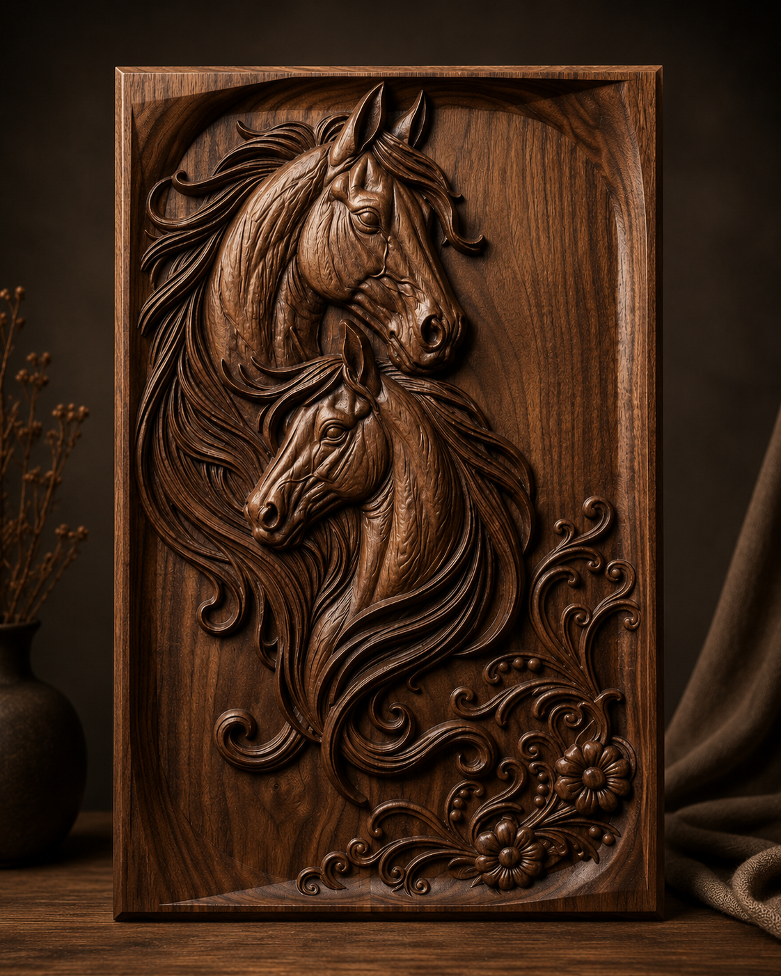 Asil equestrian wood relief